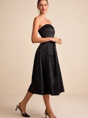 Lulus Black Satin Strapless Midi Cocktail Dress
